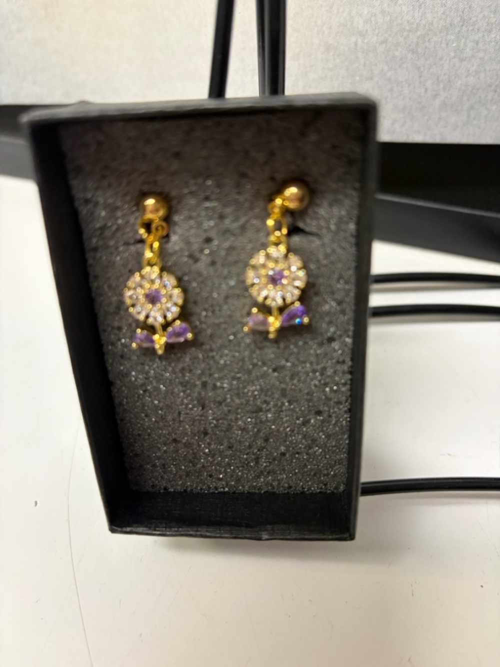 Gold-Tone Purple Flower Drop Earrings - Picture 2 of 2